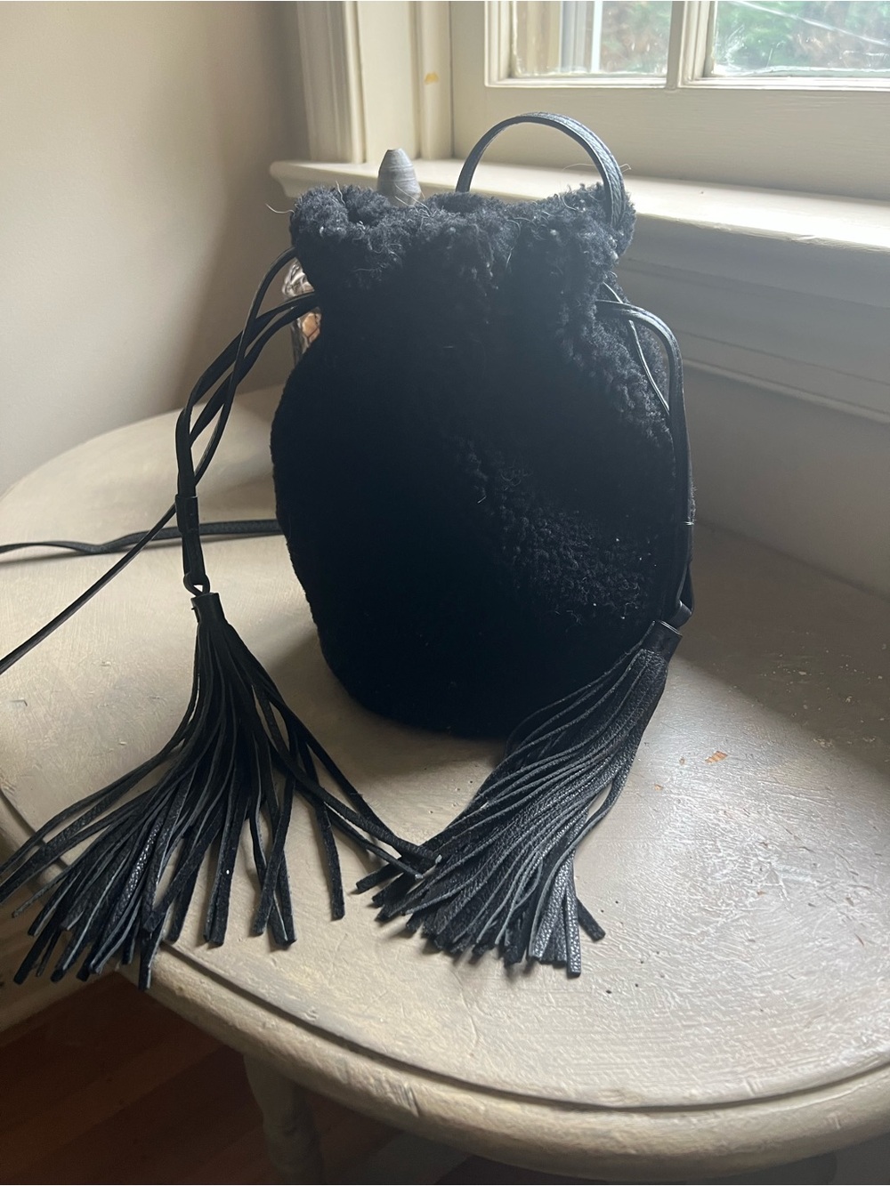 Anthropologie Faux Shearling Bucket Bag with Fringe